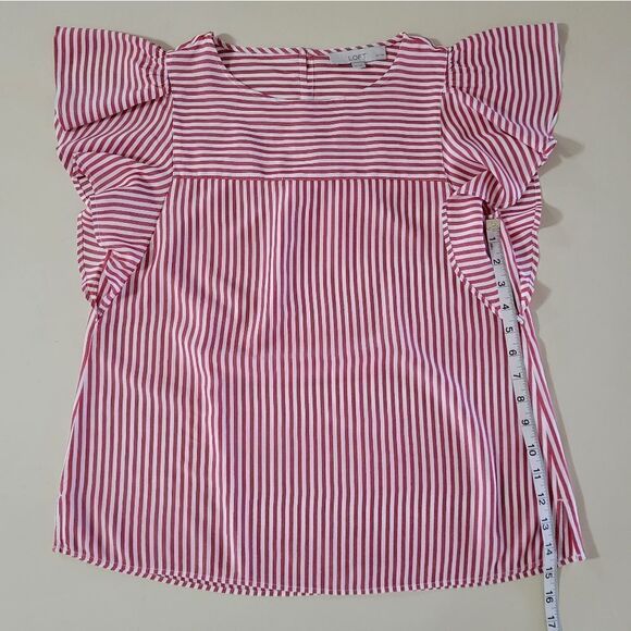 Loft Women's Red Striped Flutter Sleeve Rayon Blouse - Picture 12 of 16